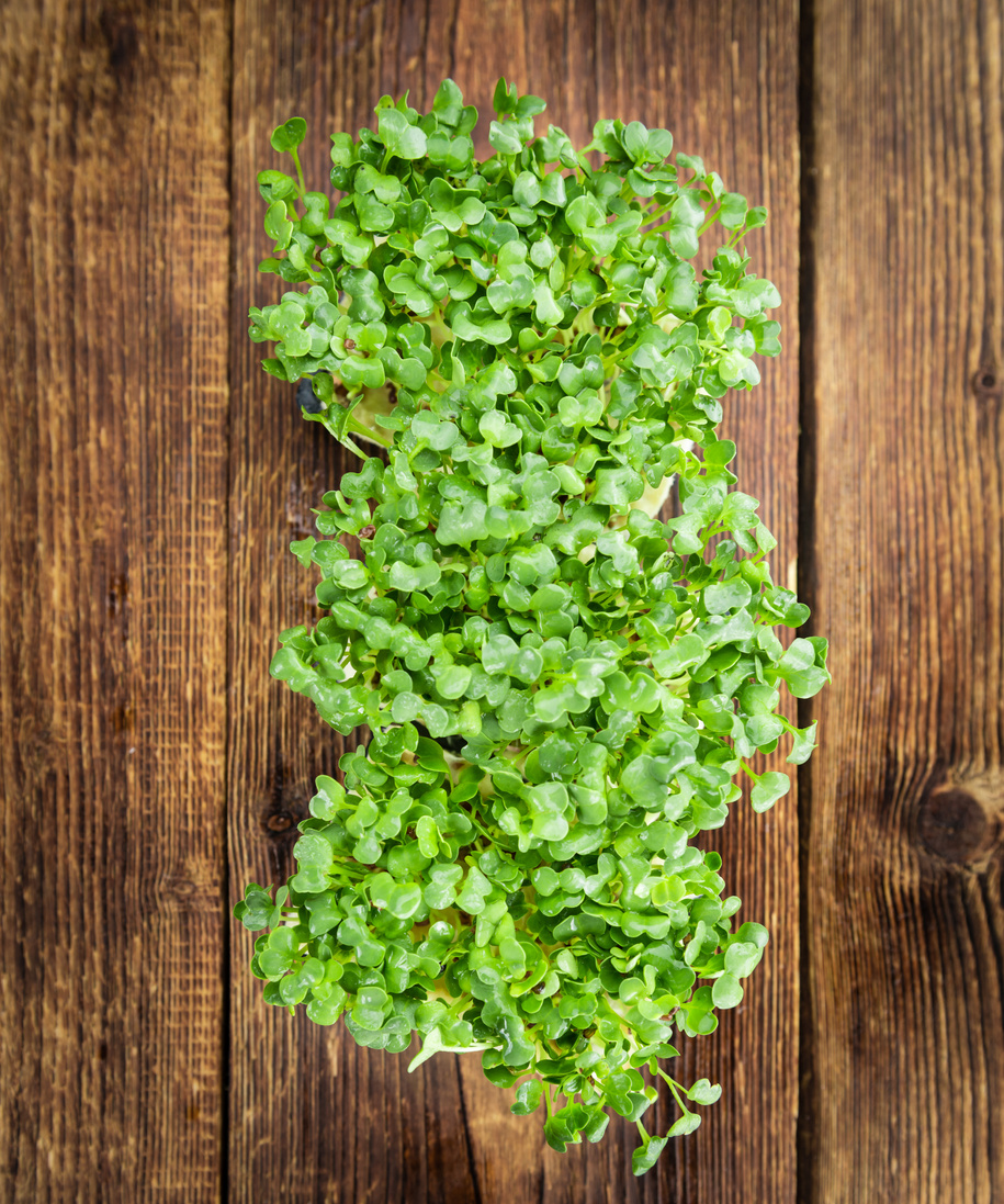Fresh Cress on wooden background (selective focus)